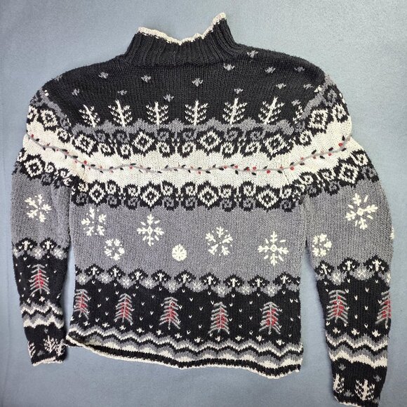 Talbots Sweater Women M Black Fair Isle Snowflake Handknit Linen Blend Mock Neck - Picture 6 of 12